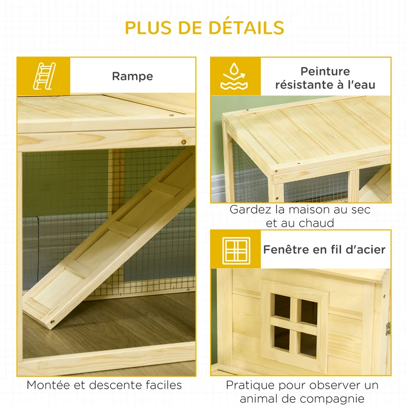 Clapier pour lapins 2 niveaux extérieur 151,5 x 106 x 97 cm rampe antidérapante rustique 2 à 3 lapins en bois naturel 21_0007955