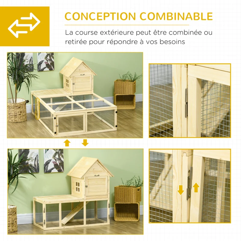 Clapier pour lapins 2 niveaux extérieur 151,5 x 106 x 97 cm rampe antidérapante rustique 2 à 3 lapins en bois naturel 21_0007955