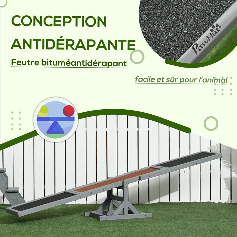Bascule d'agilité pour chien entraînement motricité équilibre 180 x 30 x 30 cm antidérapant scandinave en bois gris 21_0007325