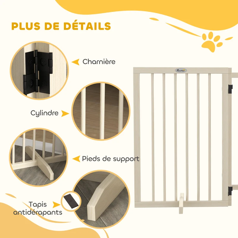 Barrière de sécurité modulable pour animaux 206 x 35,5 x 76 cm pieds antidérapants style scandinave en bois naturel 21_0007463