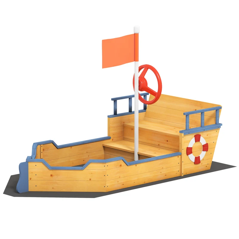 Bac à sable bateau pirate 158 x 78 x 45.5 cm banquette stable rangement 2 marches scandinave en bois de sapin jaune 21_0000343