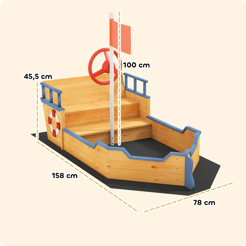 Bac à sable bateau pirate 158 x 78 x 45.5 cm banquette stable rangement 2 marches scandinave en bois de sapin jaune 21_0000343