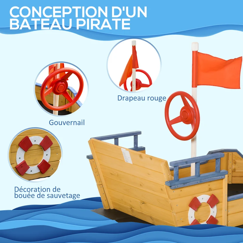 Bac à sable bateau pirate 158 x 78 x 45.5 cm banquette stable rangement 2 marches scandinave en bois de sapin jaune 21_0000343