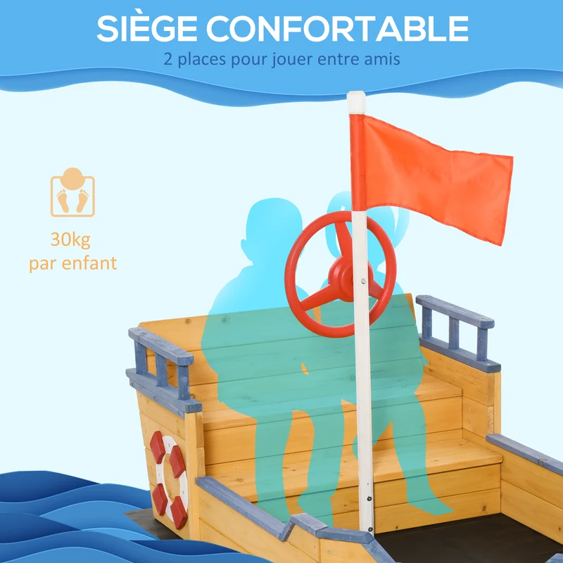 Bac à sable bateau pirate 158 x 78 x 45.5 cm banquette stable rangement 2 marches scandinave en bois de sapin jaune 21_0000343