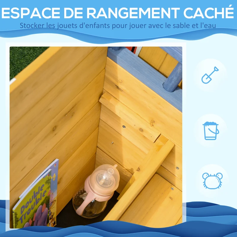 Bac à sable bateau pirate 158 x 78 x 45.5 cm banquette stable rangement 2 marches scandinave en bois de sapin jaune 21_0000343