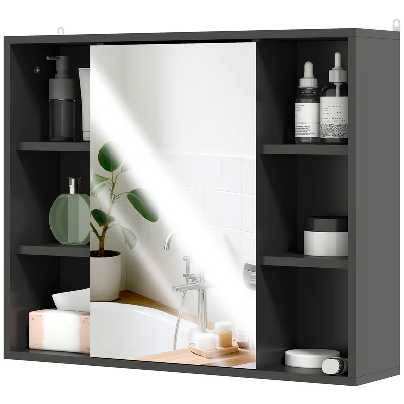 Armoire miroir mural salle de bain 60 x 14.5 x 49.4 cm rangement 6 niches et étagères design moderne épuré en MDF noir 21_0001868