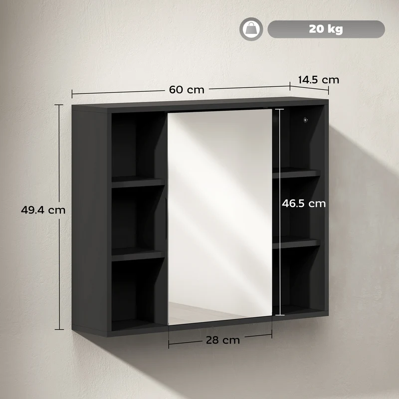 Armoire miroir mural salle de bain 60 x 14.5 x 49.4 cm rangement 6 niches et étagères design moderne épuré en MDF noir 21_0001868