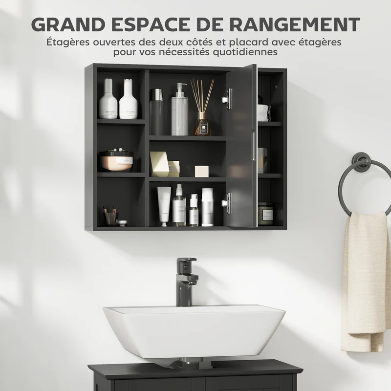 Armoire miroir mural salle de bain 60 x 14.5 x 49.4 cm rangement 6 niches et étagères design moderne épuré en MDF noir 21_0001868