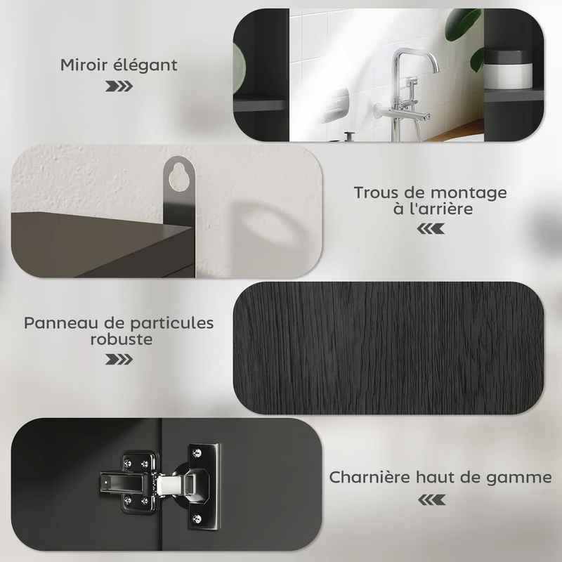 Armoire miroir mural salle de bain 60 x 14.5 x 49.4 cm rangement 6 niches et étagères design moderne épuré en MDF noir 21_0001868