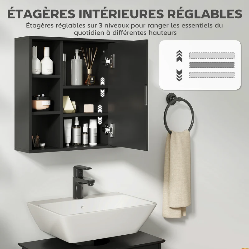 Armoire miroir mural salle de bain 60 x 14.5 x 49.4 cm rangement 6 niches et étagères design moderne épuré en MDF noir 21_0001868