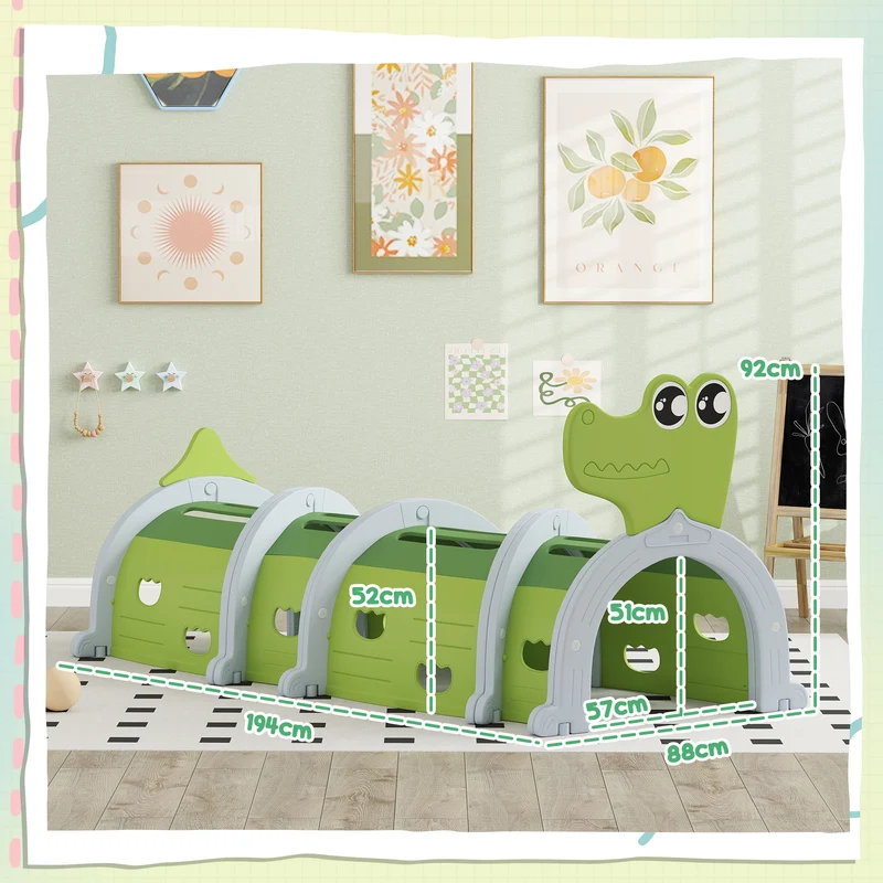 Tunnel enfant forme crocodile modulable 194 x 88 x 92 cm stable 5 paires configurable arc ou s moderne en hdpe vert 21_0000417