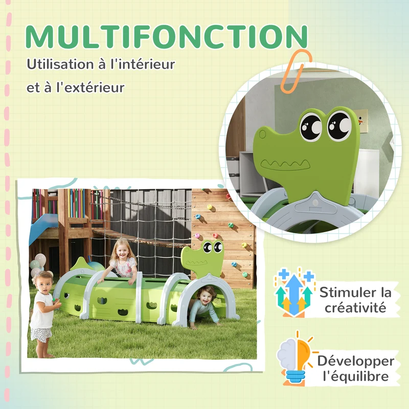 Tunnel enfant forme crocodile modulable 194 x 88 x 92 cm stable 5 paires configurable arc ou s moderne en hdpe vert 21_0000417