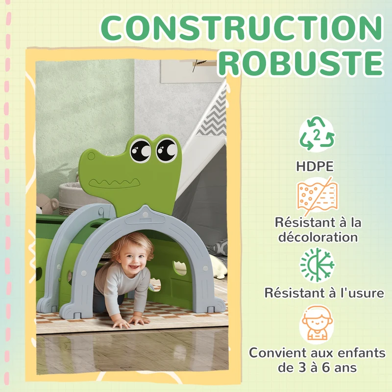 Tunnel enfant forme crocodile modulable 194 x 88 x 92 cm stable 5 paires configurable arc ou s moderne en hdpe vert 21_0000417