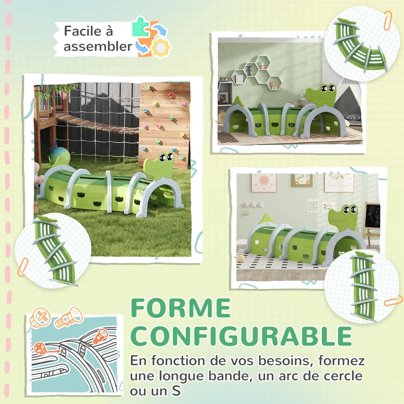 Tunnel enfant forme crocodile modulable 194 x 88 x 92 cm stable 5 paires configurable arc ou s moderne en hdpe vert 21_0000417