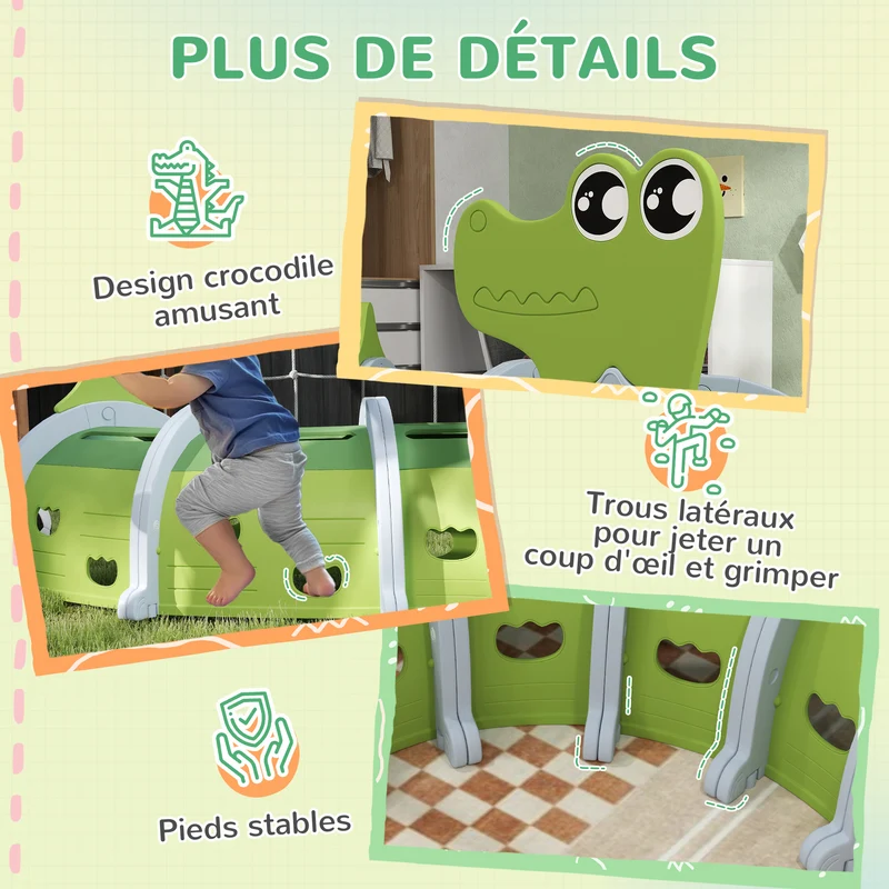 Tunnel enfant forme crocodile modulable 194 x 88 x 92 cm stable 5 paires configurable arc ou s moderne en hdpe vert 21_0000417