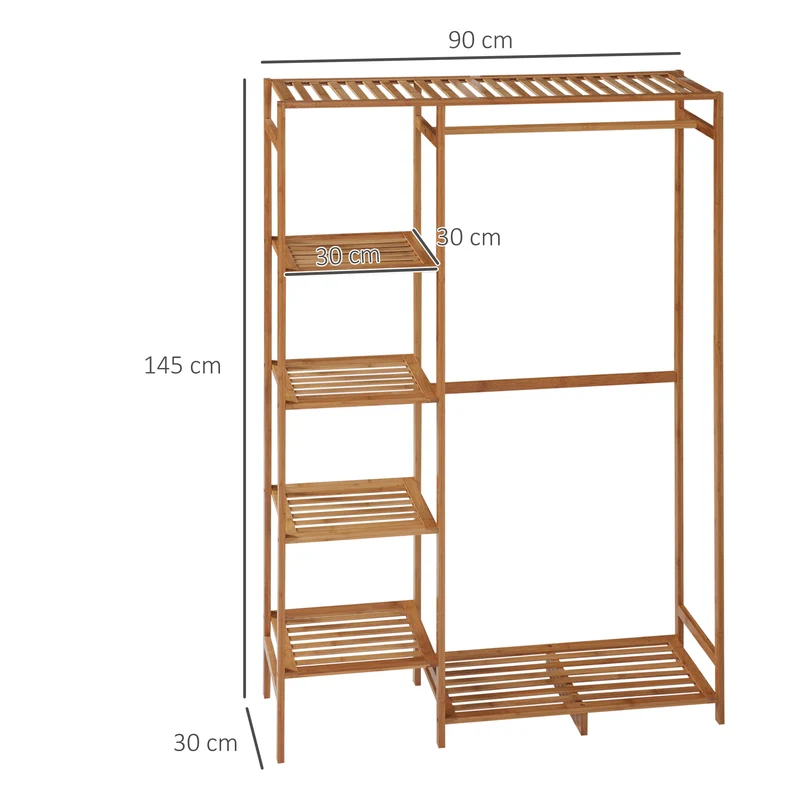 Portant à vêtements 90 x 30 x 145 cm 6 niveaux tringle chambre scandinave épuré finition mate en bambou bois naturel 21_0005835