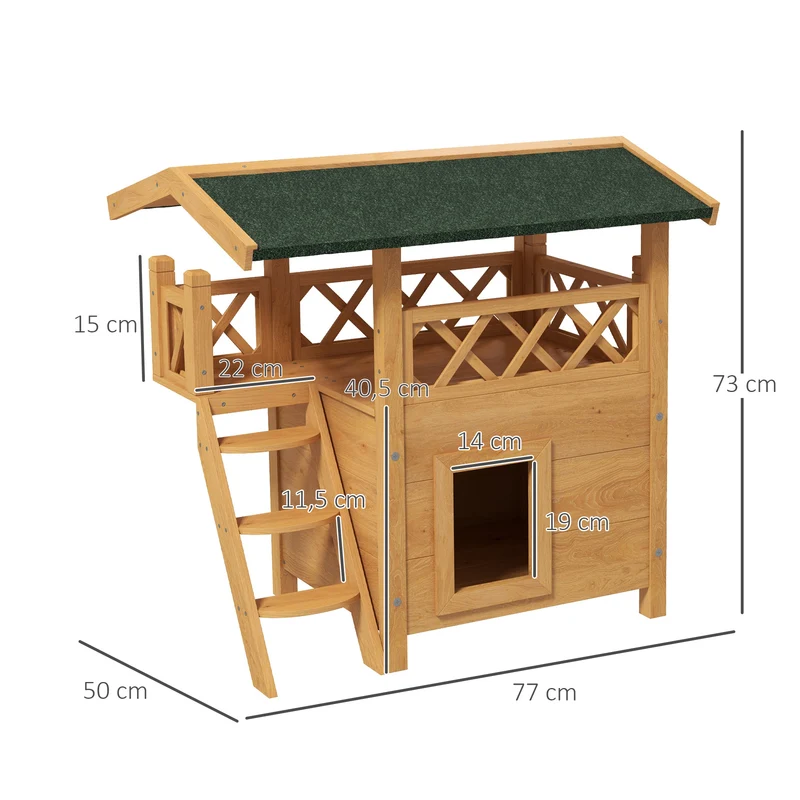 Maison pour chats extérieure avec terrasse 77 x 50 x 73 cm toit étanche à deux niveaux rustique épuré en bois naturel 21_0007615