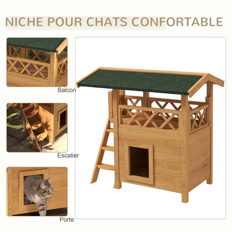 Maison pour chats extérieure avec terrasse 77 x 50 x 73 cm toit étanche à deux niveaux rustique épuré en bois naturel 21_0007615