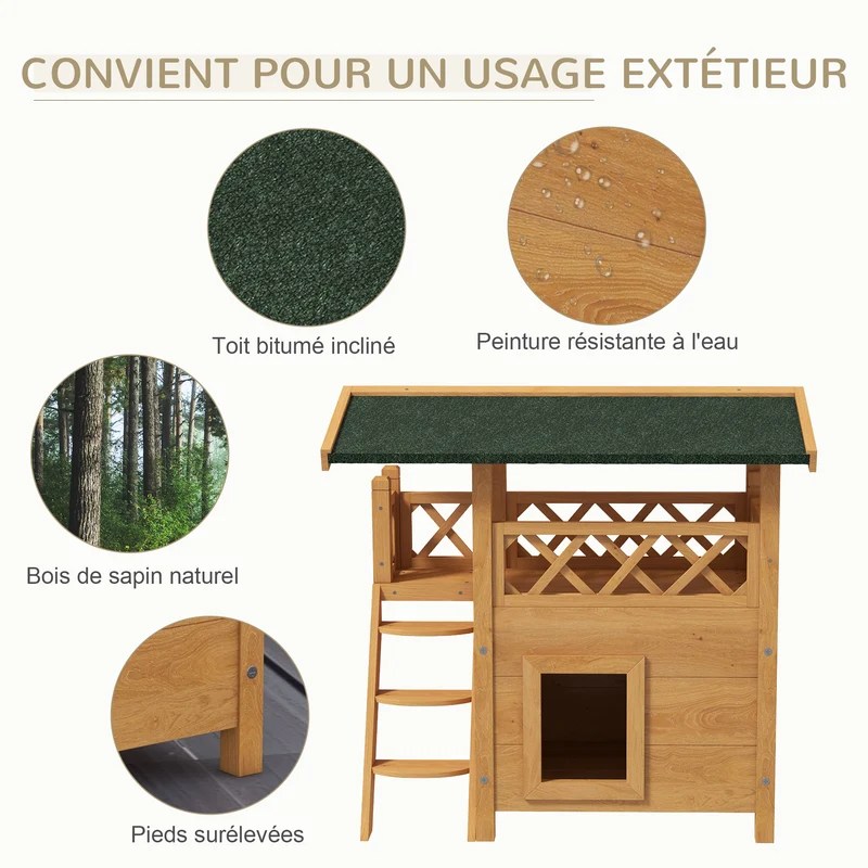 Maison pour chats extérieure avec terrasse 77 x 50 x 73 cm toit étanche à deux niveaux rustique épuré en bois naturel 21_0007615