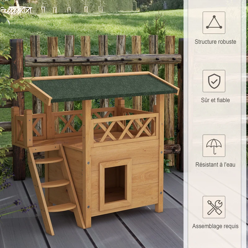 Maison pour chats extérieure avec terrasse 77 x 50 x 73 cm toit étanche à deux niveaux rustique épuré en bois naturel 21_0007615