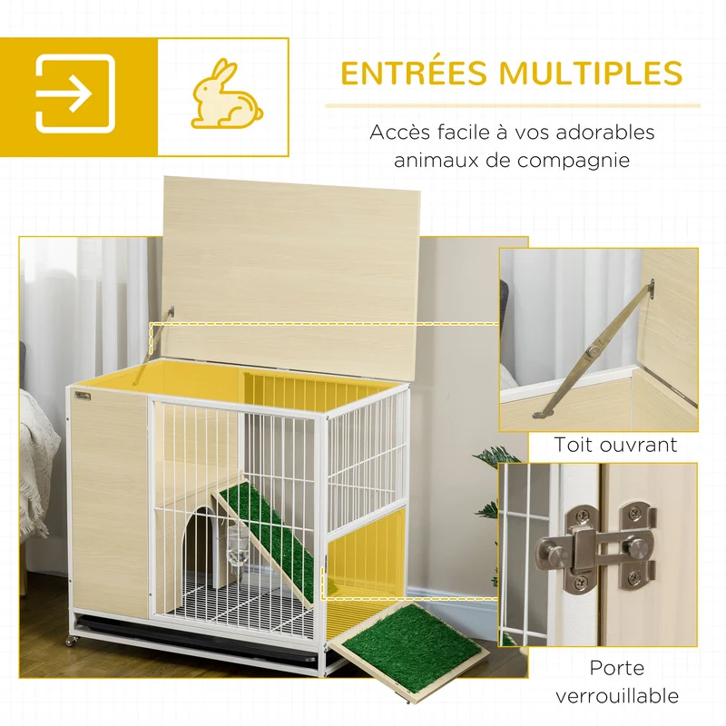 Clapier lapin mobile 78 x 52,5 x 76,5 cm plateau amovible porte sécurisée contemporain en panneau de particules naturel 21_0007947