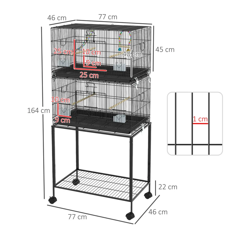 Cage à oiseaux sur pied volière 77 x 46 x 164 cm avec plateau amovible et roulettes freinées moderne épuré en acier noir 21_0007583