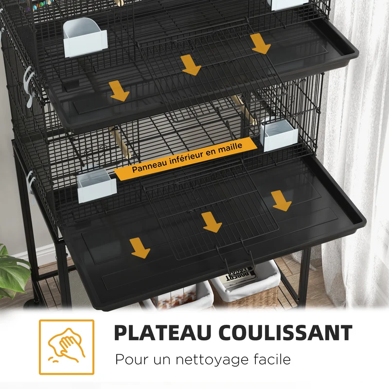 Cage à oiseaux sur pied volière 77 x 46 x 164 cm avec plateau amovible et roulettes freinées moderne épuré en acier noir 21_0007583