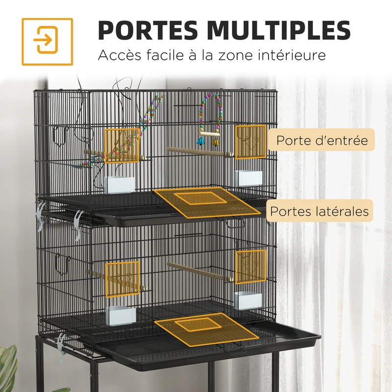 Cage à oiseaux sur pied volière 77 x 46 x 164 cm avec plateau amovible et roulettes freinées moderne épuré en acier noir 21_0007583