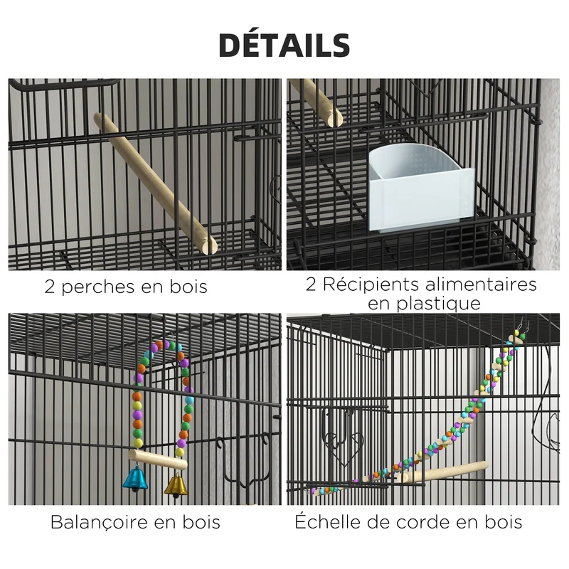 Cage à oiseaux sur pied volière 77 x 46 x 164 cm avec plateau amovible et roulettes freinées moderne épuré en acier noir 21_0007583