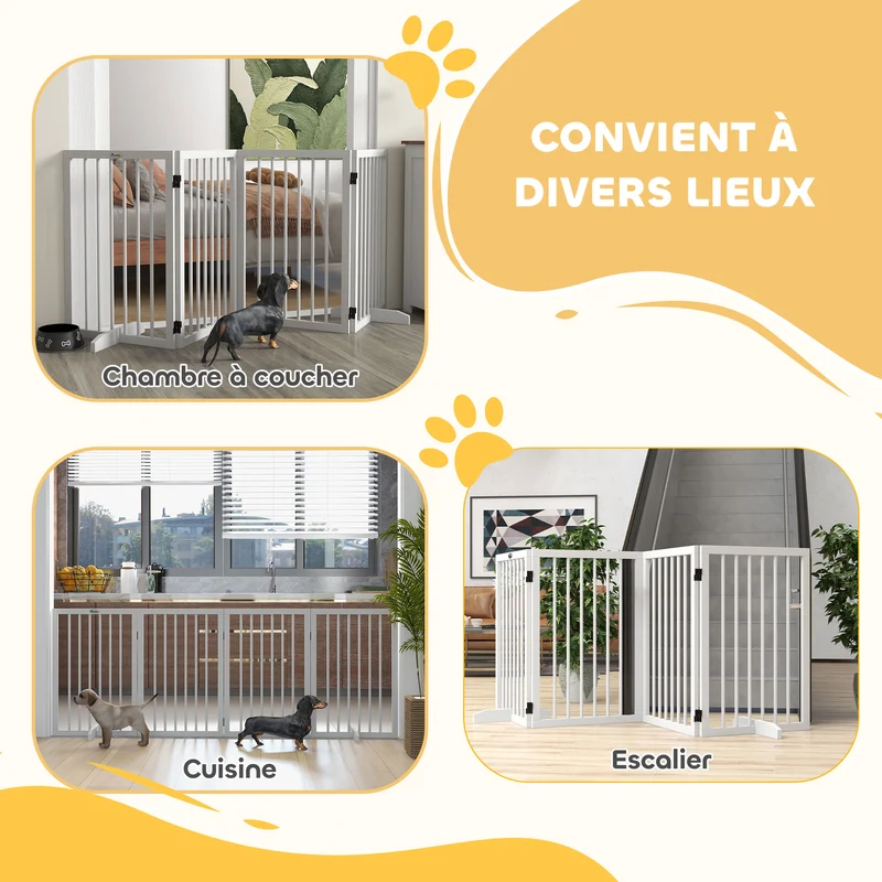 Barrière de sécurité pour animaux 206 x 35,5 x 76 cm modulable pliable pieds antidérapants scandinave en bois blanc 21_0007464