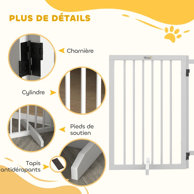 Barrière de sécurité pour animaux 206 x 35,5 x 76 cm modulable pliable pieds antidérapants scandinave en bois blanc 21_0007464