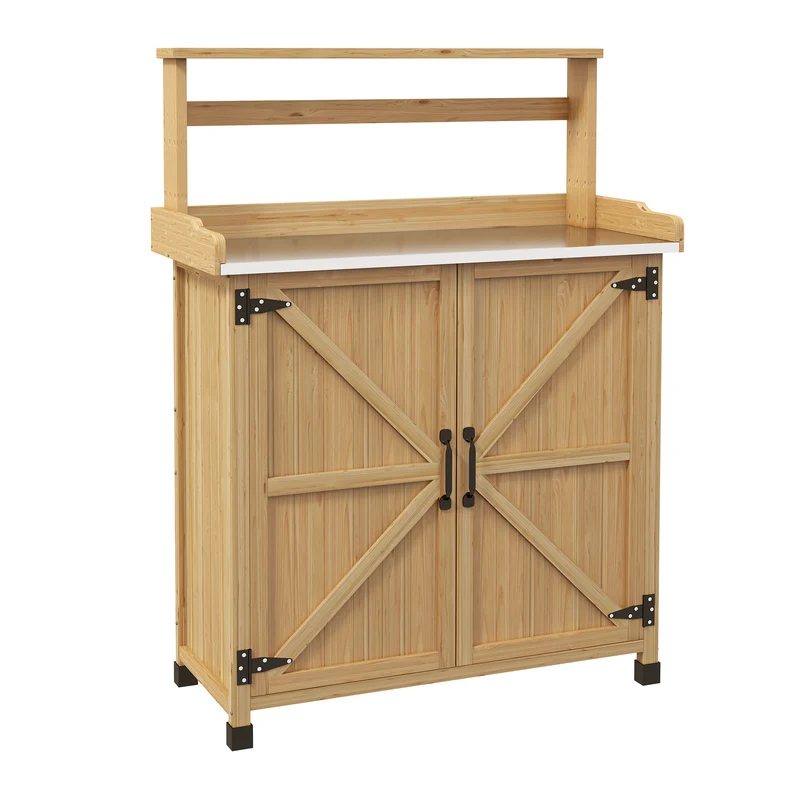Table de rempotage jardin avec grand rangement 90.5 x 41 x 124.5 cm plateau galvanisé rustique en bois de sapin jaune 21_0004336
