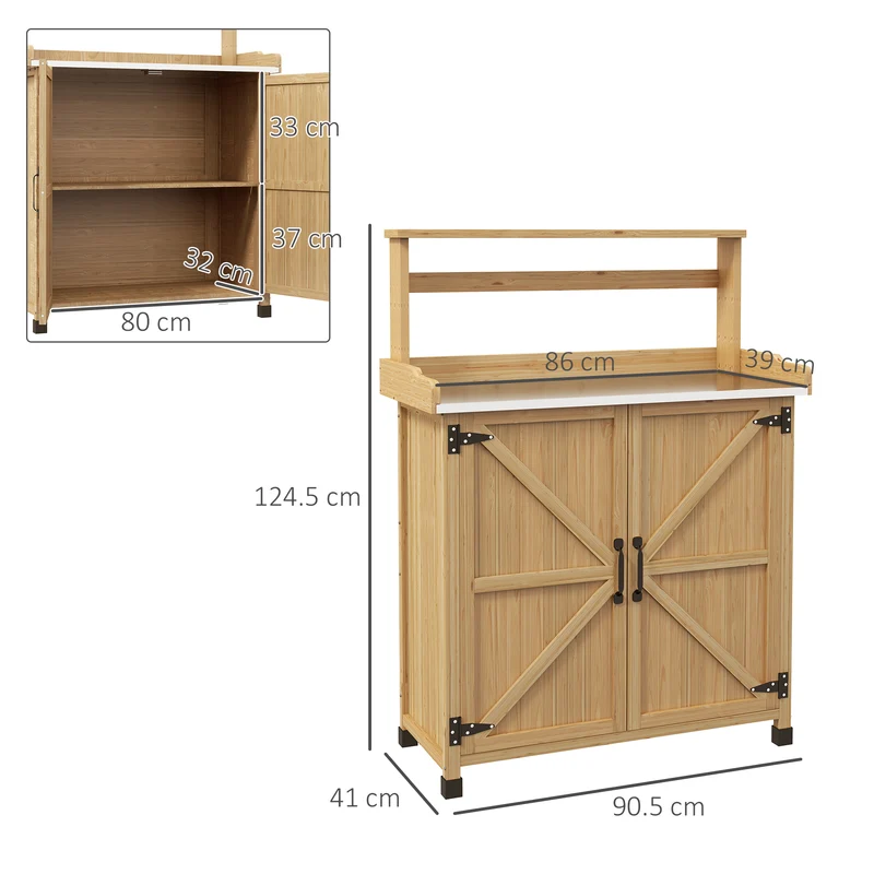 Table de rempotage jardin avec grand rangement 90.5 x 41 x 124.5 cm plateau galvanisé rustique en bois de sapin jaune 21_0004336