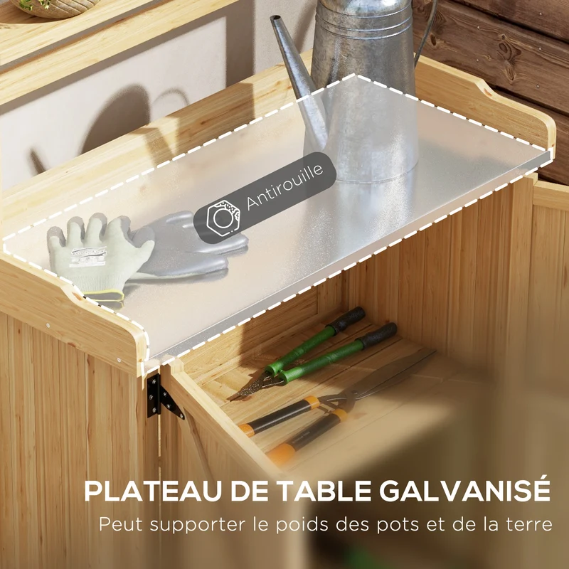 Table de rempotage jardin avec grand rangement 90.5 x 41 x 124.5 cm plateau galvanisé rustique en bois de sapin jaune 21_0004336