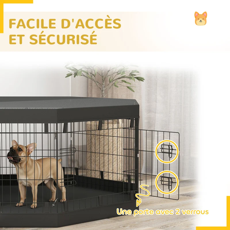 Parc pour chien enclos pliable 8 panneaux 159 x 159 x 61 cm porte sécurisée fond imperméable contemporain en acier noir 21_0007473