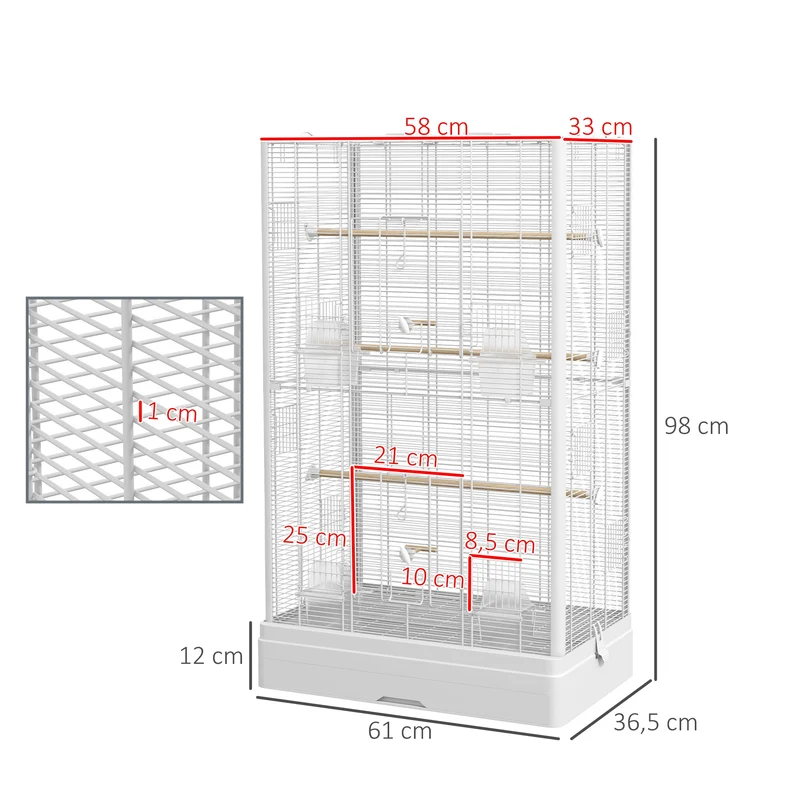 Cage à oiseaux volière pour oiseaux 61 x 36.5 x 98 cm accès facile 5 perchoirs 4 récipients scandinave en acier blanc 21_0007586