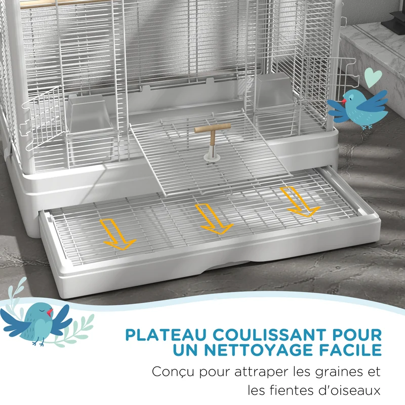 Cage à oiseaux volière pour oiseaux 61 x 36.5 x 98 cm accès facile 5 perchoirs 4 récipients scandinave en acier blanc 21_0007586