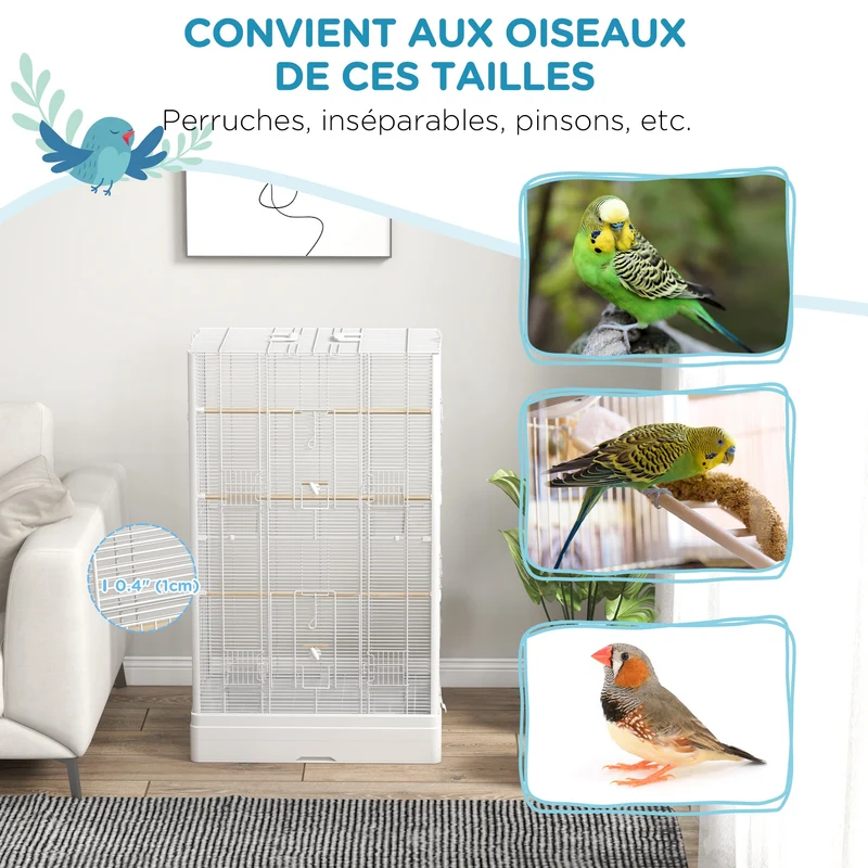Cage à oiseaux volière pour oiseaux 61 x 36.5 x 98 cm accès facile 5 perchoirs 4 récipients scandinave en acier blanc 21_0007586