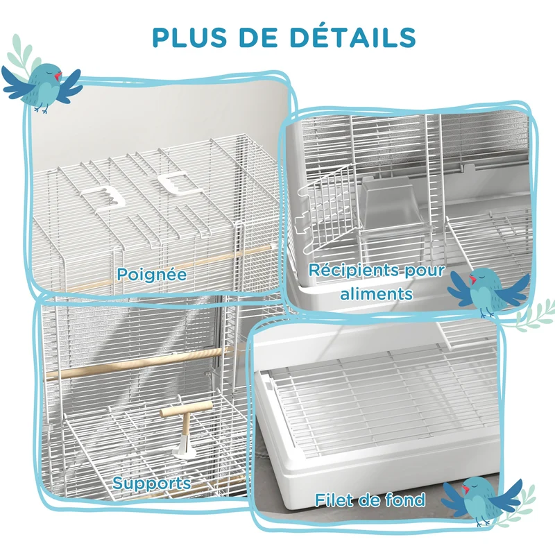 Cage à oiseaux volière pour oiseaux 61 x 36.5 x 98 cm accès facile 5 perchoirs 4 récipients scandinave en acier blanc 21_0007586