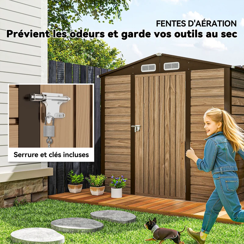 Abri de jardin 190 x 131 x 188 cm porte sécurisée ventilation anti condensation contemporain en acier galvanisé chêne 21_0005461
