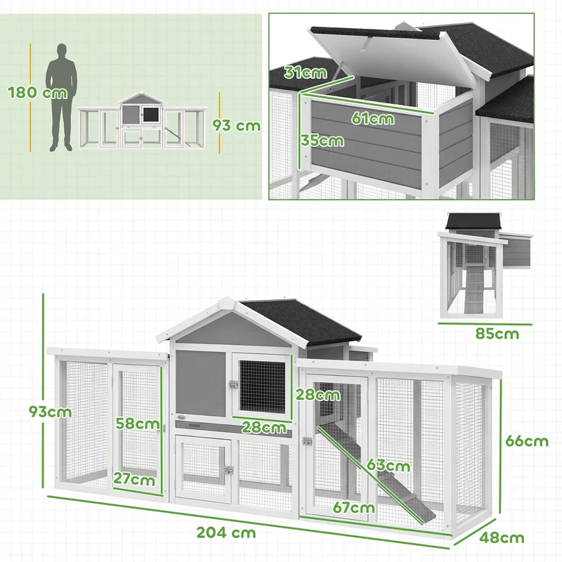 Poulailler clapier chalet pour poules lapins 204 x 85 x 93 cm sécurisé ventilé avec nichoir rustique en bois massif gris 21_0007858