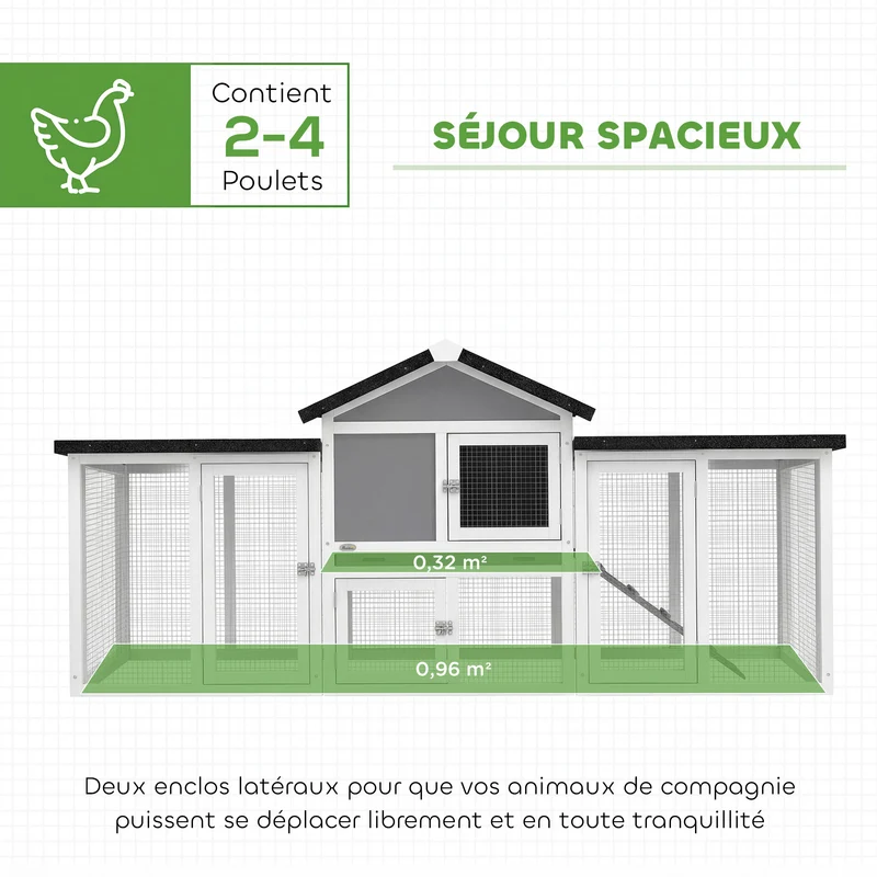 Poulailler clapier chalet pour poules lapins 204 x 85 x 93 cm sécurisé ventilé avec nichoir rustique en bois massif gris 21_0007858