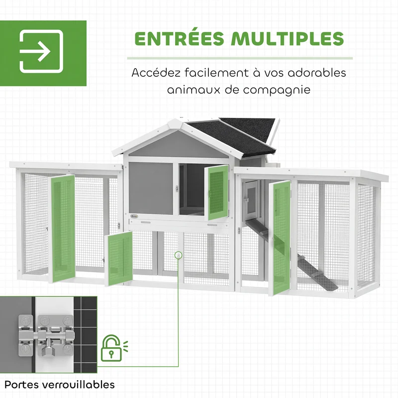 Poulailler clapier chalet pour poules lapins 204 x 85 x 93 cm sécurisé ventilé avec nichoir rustique en bois massif gris 21_0007858
