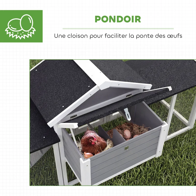 Poulailler clapier chalet pour poules lapins 204 x 85 x 93 cm sécurisé ventilé avec nichoir rustique en bois massif gris 21_0007858