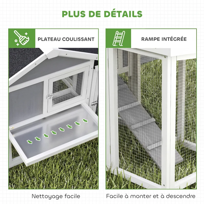 Poulailler clapier chalet pour poules lapins 204 x 85 x 93 cm sécurisé ventilé avec nichoir rustique en bois massif gris 21_0007858