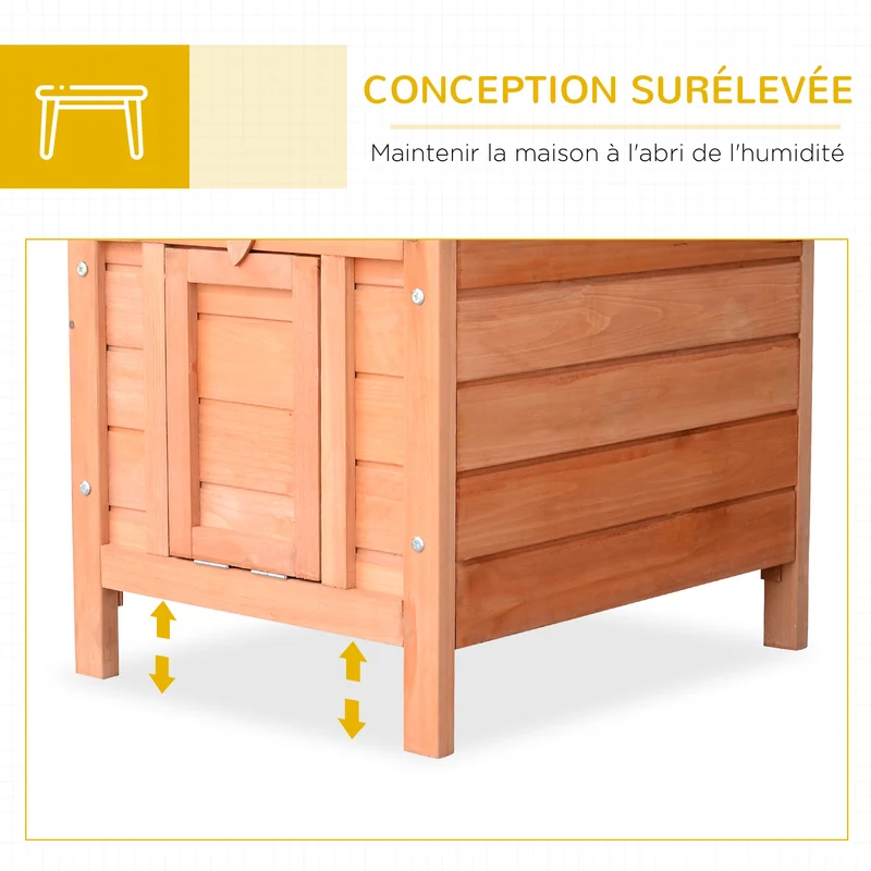 Clapier pour lapins extérieur surélevé 51 x 42 x 43 cm toit ouvrant rampe antidérapante douillet rustique en bois naturel 21_0007606