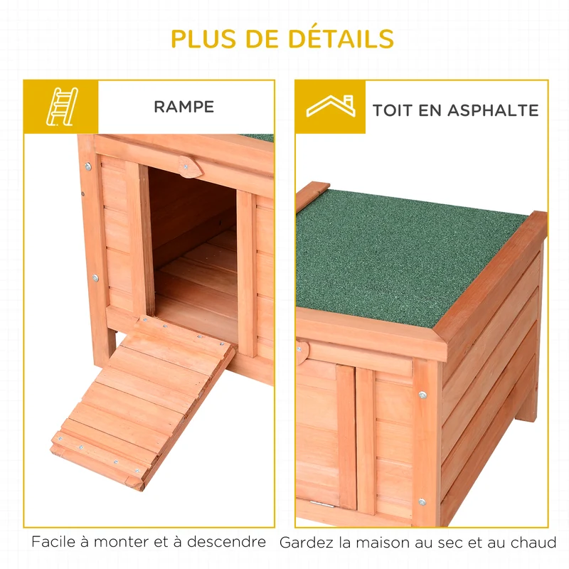 Clapier pour lapins extérieur surélevé 51 x 42 x 43 cm toit ouvrant rampe antidérapante douillet rustique en bois naturel 21_0007606