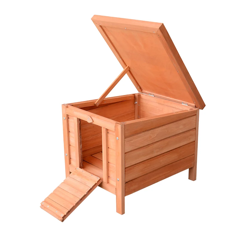 Clapier pour lapins extérieur surélevé 51 x 42 x 43 cm toit ouvrant rampe antidérapante douillet rustique en bois naturel 21_0007606