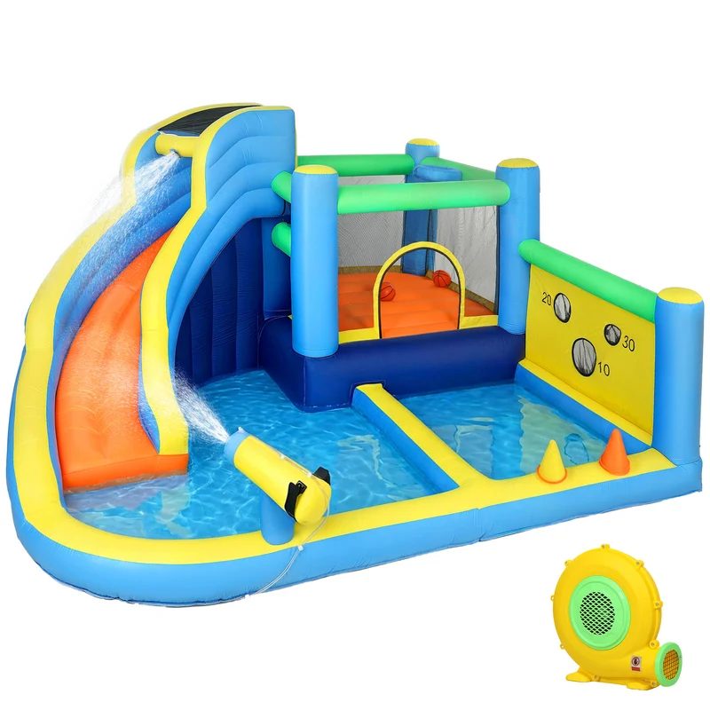 Château gonflable extérieur 350 x 320 x 190 cm toboggan piscine tendance décoratif pour 3-8 ans en tissu oxford bleu 21_0000412