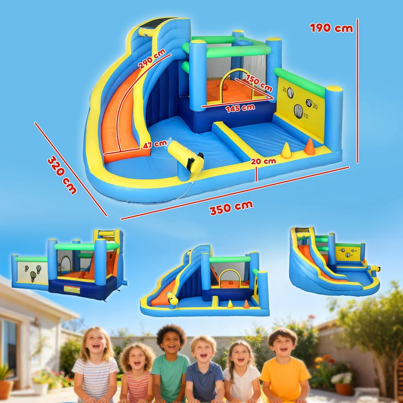 Château gonflable extérieur 350 x 320 x 190 cm toboggan piscine tendance décoratif pour 3-8 ans en tissu oxford bleu 21_0000412
